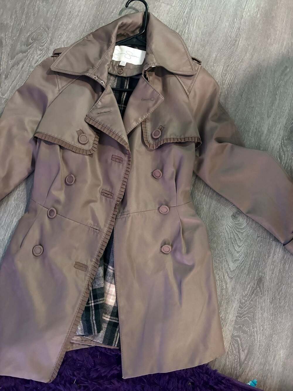 Jessica Simpson Trench Coat Size XSM Brown Plaid Lined Double Breasted